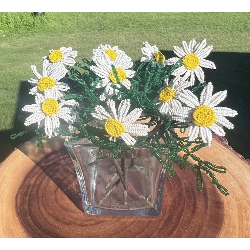 Vintage French Beaded Daisy Flowers 10 Stems Seed Bead Handmade Floral Decor